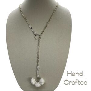 Hand Crafted White Silver Beaded Boho Chic Coastal Cowgirl Lariat Necklace NWT